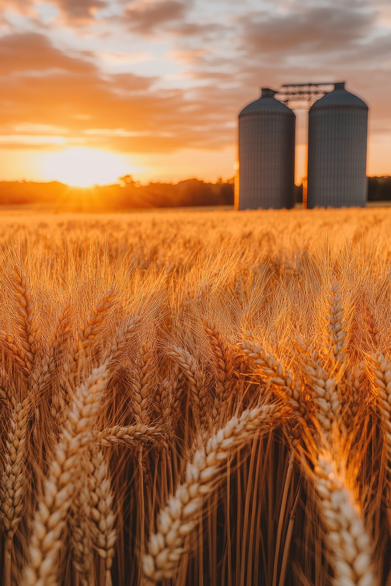 Golden wheat field at sunset with grain silos in background